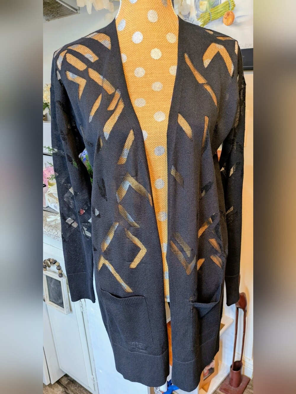 Leith Black Long Sleeve Cardigan – Sheer Cutout Detail with Pockets Small